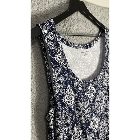 Essentials Sleeveless Navy White Patterned‎ Maxi Dress Scoop Neck Size L - Picture 4 of 8